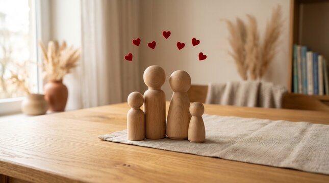 Wooden peg doll family with red hearts