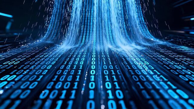 Binary code rain of blue numbers falling down on dark background