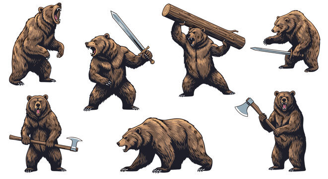 Compilation of brown bears depicted in various action-oriented poses such as roaring, walking, and wielding ancient weapons.