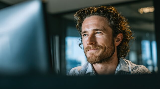 A focused man with curly brown hair and a beard, wearing a light blue shirt, smiles faintly as he looks off to the side. ..Created with Generative AI, not depicting real subjects.