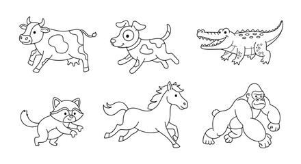 Fototapeta premium Set of six animal line art illustrations including a cow dog crocodile raccoon horse and gorilla designed as coloring page elements for children.