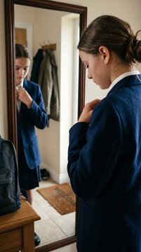 School Student Buttoning Shirt in Mirror