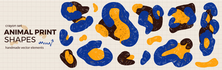 Crayon animal print shapes in blue and gold on a light background for pattern. Bold crayon marks with panther and leopard skin as a vector set. Textured animal spots for cheetah fur and fashion design © Syuzann q