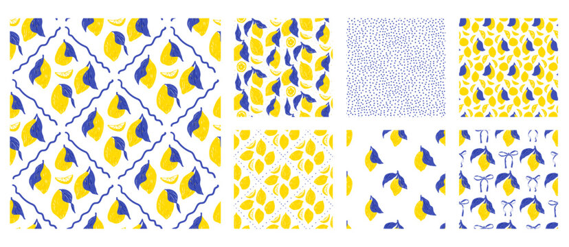 Hand drawn lemon patterns with seamless whimsical citrus collection with polka dot. Yellow fruit lemons with slice for summer kitchen print. Vector seamless pattern set in blue white mood.