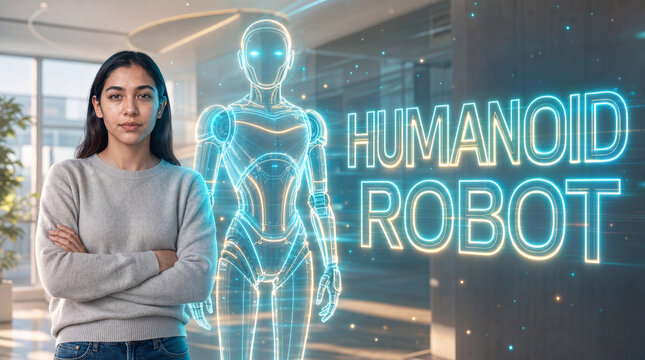 Humanoid robot concept with person and a glowing holographic humanoid robot with lettering in a bright modern lobby