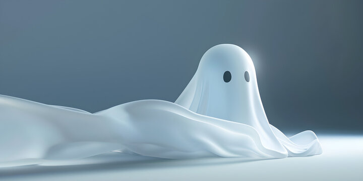 Whimsical cartoon ghost peeking playfully from under a flowing sheet with a soft glow