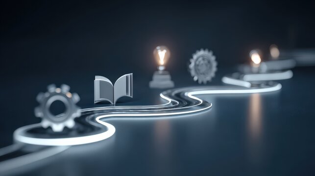 A winding path of innovation and progress unfolds, featuring gears, an open book, a glowing lightbulb, and abstract technological elements. ..Created with Generative AI, not depicting real subjects.