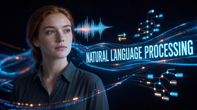 Natural language processing concept with person and a glowing holographic speech wave and language nodes with lettering
