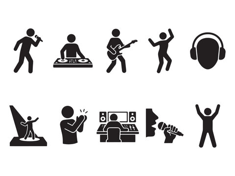 Black music icons set with people playing instruments and dancing