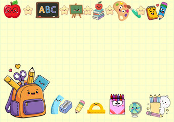 Plantilla de fondo escolar con borde de elementos Kawaii y cuadrícula de cuaderno, perfecto para planificador docente, portada de agenda o material de aula.