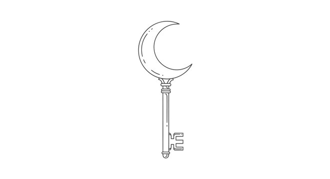 Celestial crescent moon vintage key vector illustration isolated on white background, mystical magical key line art graphic icon.