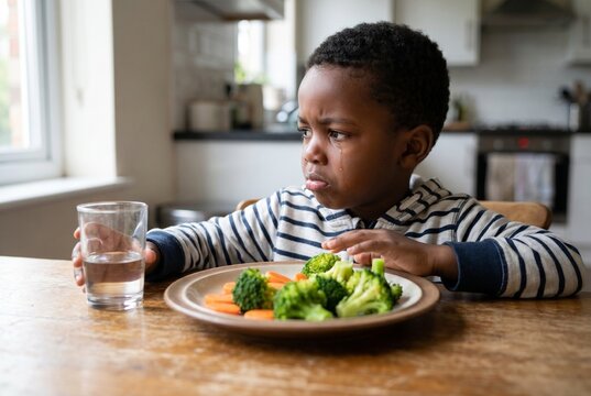 Upset African American little boy crying and refusing to eat healthy vegetables. Picky eater child sitting at the kitchen table with a plate of broccoli
