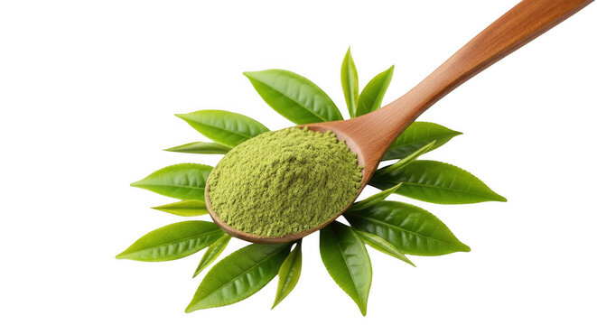 A wooden spoon filled with vibrant green matcha powder resting on a bed of fresh, bright green tea leaves against a solid black background