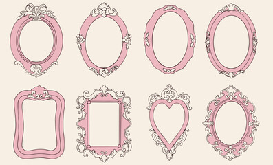 Hand drawn baroque frame set. Vintage doodle frames for princess mirror. Whimsical elegant decorative different borders with swirl of acanthus. Victorian style wedding decor, elegant antique inspired © PawLoveArt
