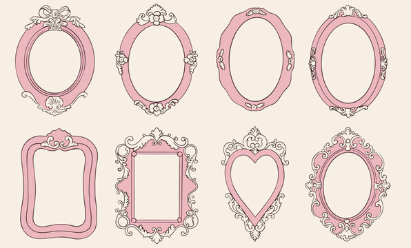 Hand drawn baroque frame set. Vintage doodle frames for princess mirror. Whimsical elegant decorative different borders with swirl of acanthus. Victorian style wedding decor, elegant antique inspired