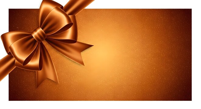Golden gift bow ribbon on warm brown background with sparkle bokeh effect