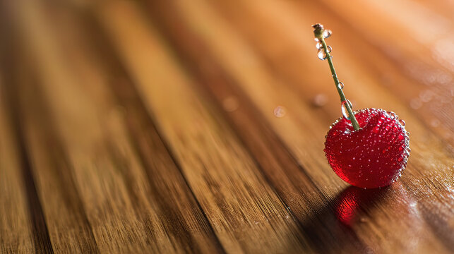 Close-up of ripe cherry with water droplets on dark wood and directional lighting.
