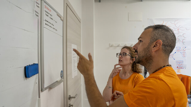 Team of technicians reviewing scheduled work orders and coordinating field operations from the office