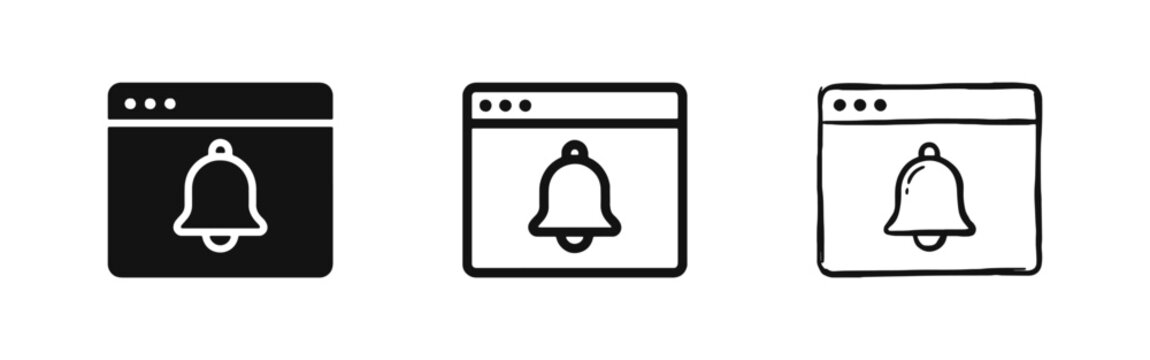 Web Browser Notification Bell Icon Set - Solid, Line, and Hand-Drawn Styles