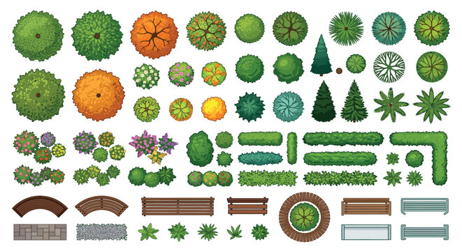 Trees Shrubs And Garden Elements Vector Illustration On White Background