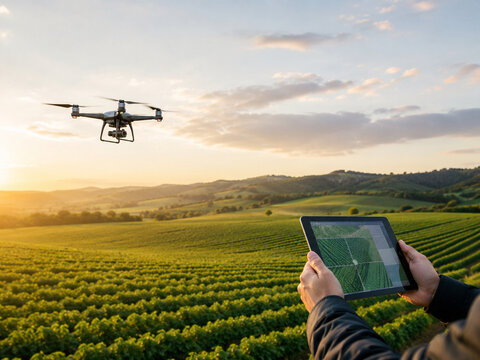 Precision agriculture with drone and tablet over crop fields at sunset