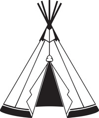 A minimalist black and white illustration of a traditional indigenous teepee tent, representing nomadic shelter and cultural heritage. © DesignINKZ