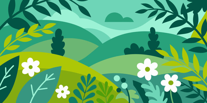 Rolling hills and floral ornament in a green vector illustration