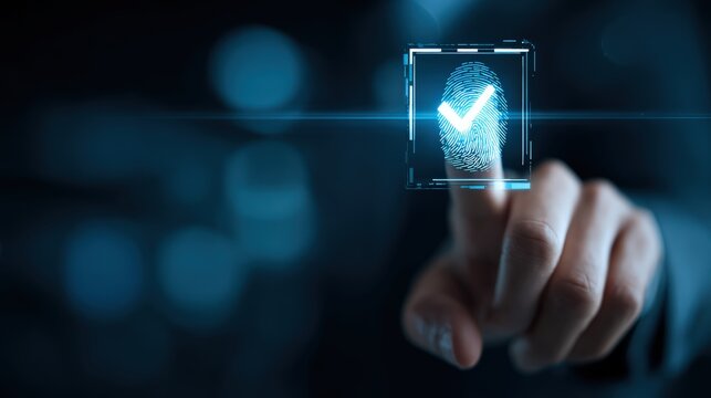 Fingerprint scan confirms identity with a glowing checkmark, symbolizing secure access and advanced technology. ..Created with Generative AI, not depicting real subjects.