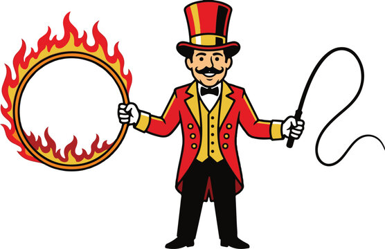 Ringmaster holding flaming hoop with whip ringmaster performer mustache entertainer performance