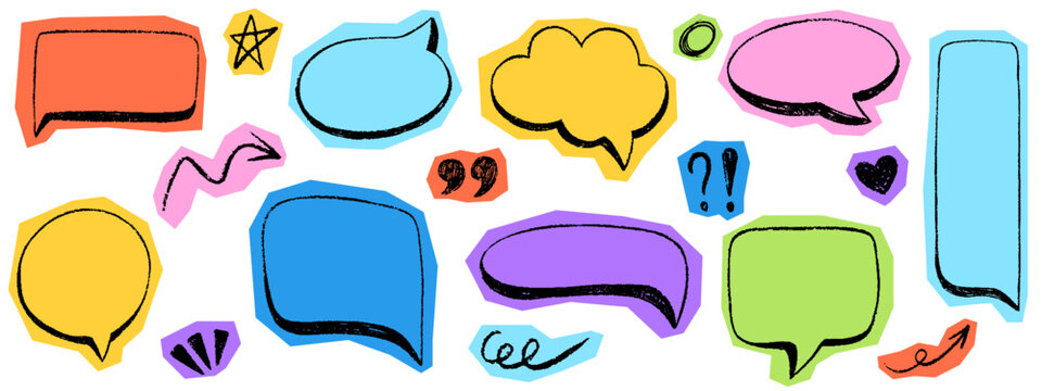 Crayon scrapbook speech bubble set. Torn paper bubble shapes for dialogue, message and text. Vector chalk pencil background talk speech bubble frame for notes, journaling, banners