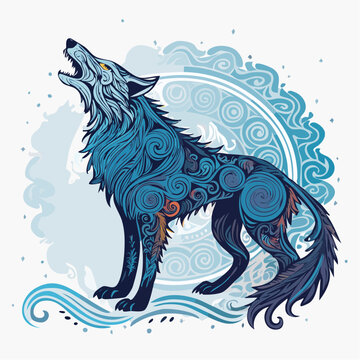 Stylized Blue Wolf Howling at the Moon with Swirl Patterns