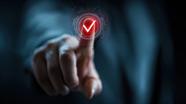 A close-up shot shows a person's finger touching a glowing red checkmark symbol on a dark, blurred background. ..Created with Generative AI, not depicting real subjects.