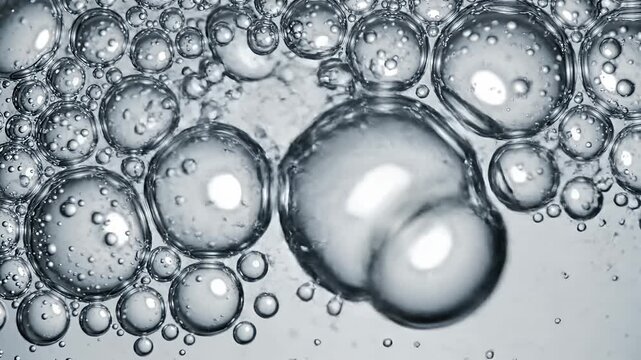 Close up macro shot of transparent bubbles floating in water