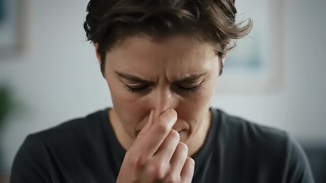 Person pinching nose due to bad smell or discomfort.