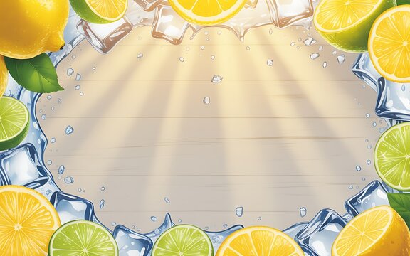 Refreshing summer lemon and lime border with ice cubes on wooden background