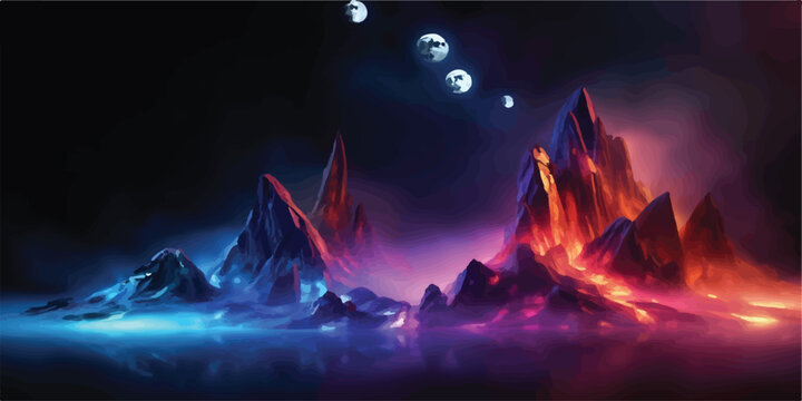 Abstract landscape with jagged peaks and glowing orbs abstract landscape mountains colorful illustration background ethereal otherworldly mysterious structure illumination atmosphere