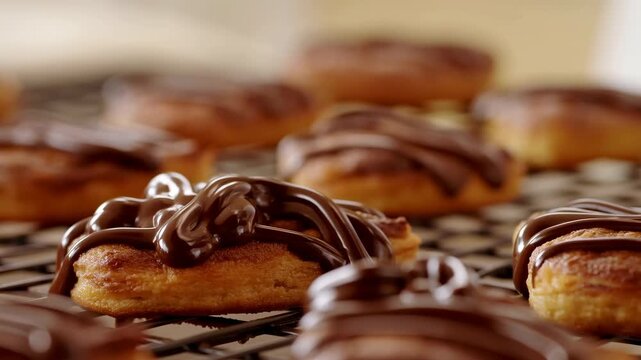 Gourmet Desserts Showcased With Shining Chocolate. Freshly Baked Choux With Glossy Ganache On Wire Rack