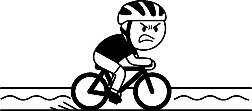 Frustrated cartoon cyclist riding bicycle intensely outdoors.