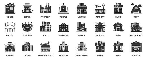 Building icon set collection in glyph style, an icon pack contain building, house, hotel, factory, library, airport, clinic, tent, bridge, stadium, mall, hospital, office, bank. Vector Illustration. © RiskiAyu