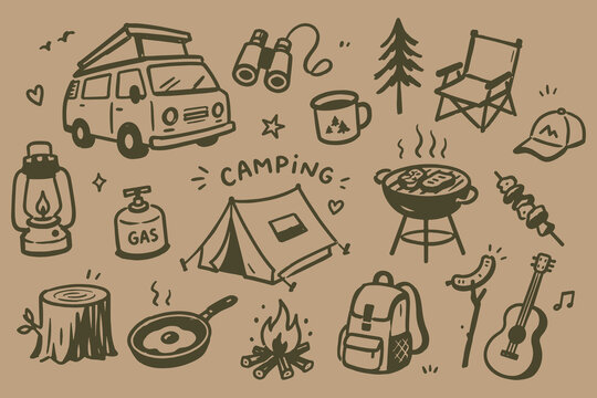 Camping Equipment Doodle Sketch Set Vector Illustration