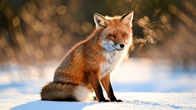 Alert red fox resting on snow in sunlight during winter season