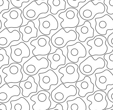 Fried Egg seamless closeup pattern hand drawn illustration. Vector Black and white graphic line art. Silhouette sign for logo, print, comics, fashion, pop art, boards, design, stickers, decoration