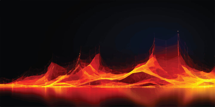 Abstract fiery wave of red and orange particles creating a luminous energy flow resembling fire on a dark reflective surface with computer generated abstract background technology background