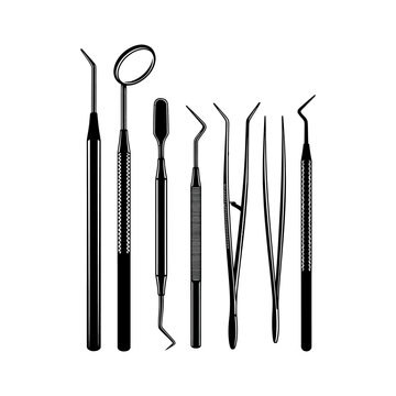 Set of dental tools isolated on white background, professional instruments.