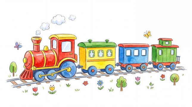 Colorful toy train journey playroom illustration whimsical close-up imagination and adventure