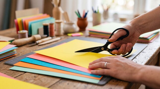 Creative paper crafting action at home colorful materials diy project environment close-up viewpoint