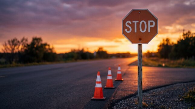 Traffic stop sign at sunset roadway safety outdoor scene natural lighting perspective view cautionary concept
