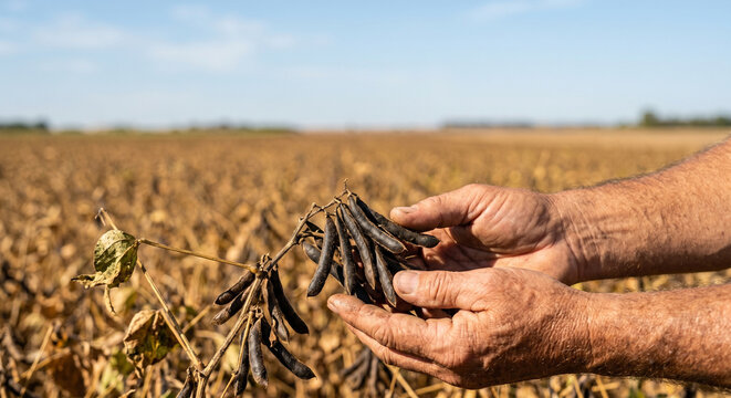 Farmer holding mature dried mung bean pods in an agricultural field before harvest, with copy space