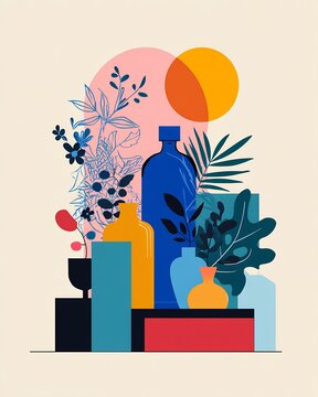 Colorful modern still life of vases and botanical leaves with geometric shapes and overlapping sun circles