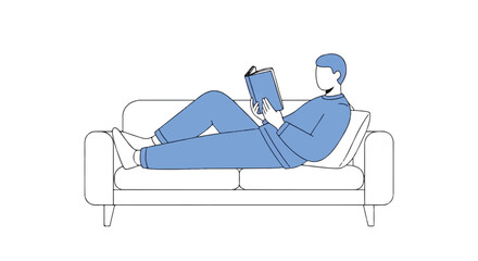 Obraz premium Relaxed man lying on a sofa at home using a laptop, contemporary lifestyle scene.